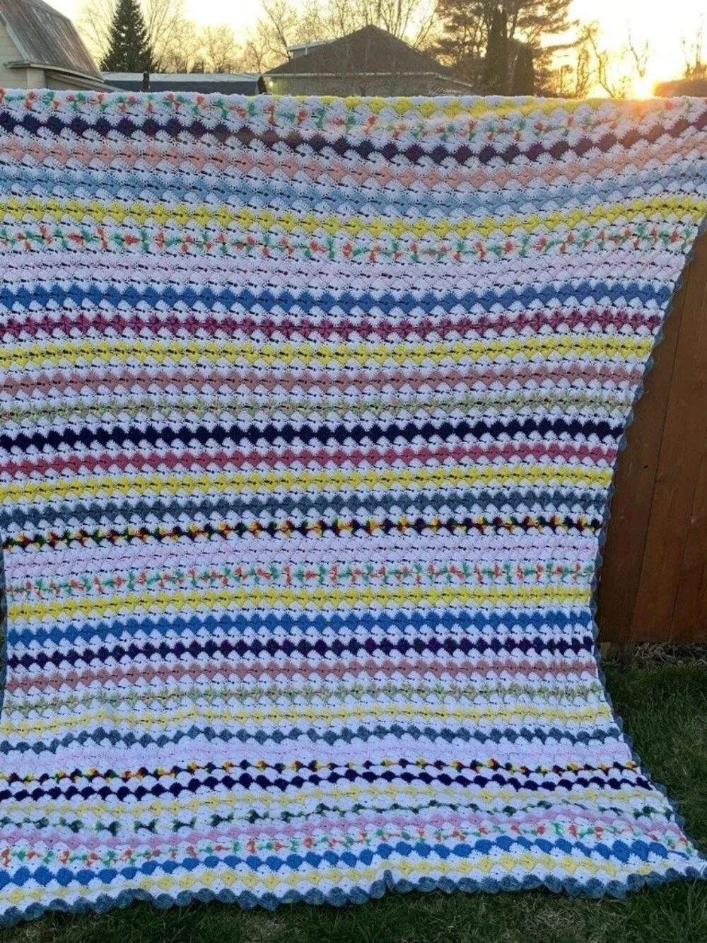 Hand Crocheted Afghan Blanket 96”x104” Multi color Diamond Stunning